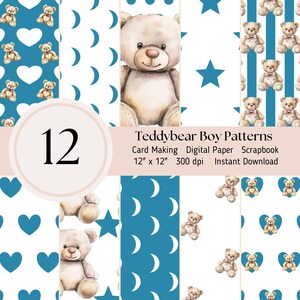 Teddybear Seamless Pattern- 12 digital paper pack, boy nursery, Scrapbooking Card Making Journal Sheets JPEG Instant Download, blue