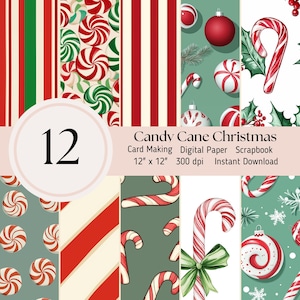Collection Candy Cane Lane, papier numérique - lot de 12 motifs de Noël, arrière-plan, feuilles de journal de scrapbooking JPEG téléchargement immédiat