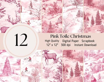 Christmas Toile Pink - 12 Stück digitales Papier, Hintergrund, Scrapbooking Journal Sheets JPEG Instant Download