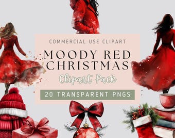 Moody Christmas Clipart Rot - 20 PNG-Bilder, transparenter Hintergrund, hohe Qualität, Dekorationen, Kleidung