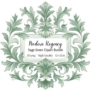 Peut inclure: Ensemble de cliparts vert sauge avec un motif floral. L'image présente un cadre rectangulaire avec les mots "Modern Regency" et "Sage Green Clipart Bundle". Le design comprend des feuilles et des éléments floraux, de 30.48 x 30.48 cm.