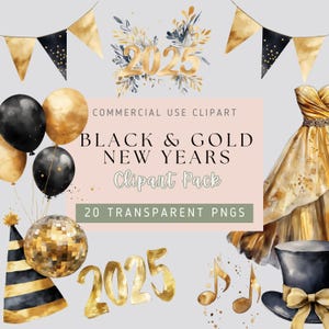 Feliz Ano Novo Clipart Preto e Dourado 2025- 20 imagens PNG, fundo transparente, alta qualidade, aquarela