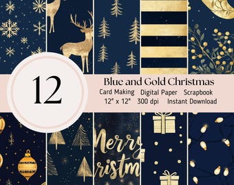 Navy Blau Gold Weihnachten 12 digitale Papier Pack, Muster, Hintergrund, Scrapbooking Journal Sheets JPEG Instant Download