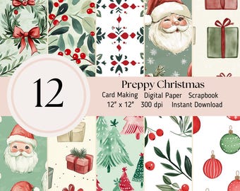 Preppy Christmas Papers- 12 Stück digitales Papier, Muster, Hintergrund, Scrapbooking Journal Sheets JPEG Instant Download