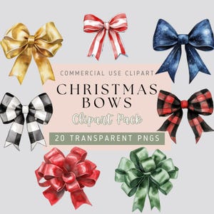 May include: A set of 20 watercolour Christmas bow clipart images. The bows are in various colours and patterns, including red, green, blue, gold, black and white, and plaid. The clipart is perfect for adding a festive touch to your digital projects.