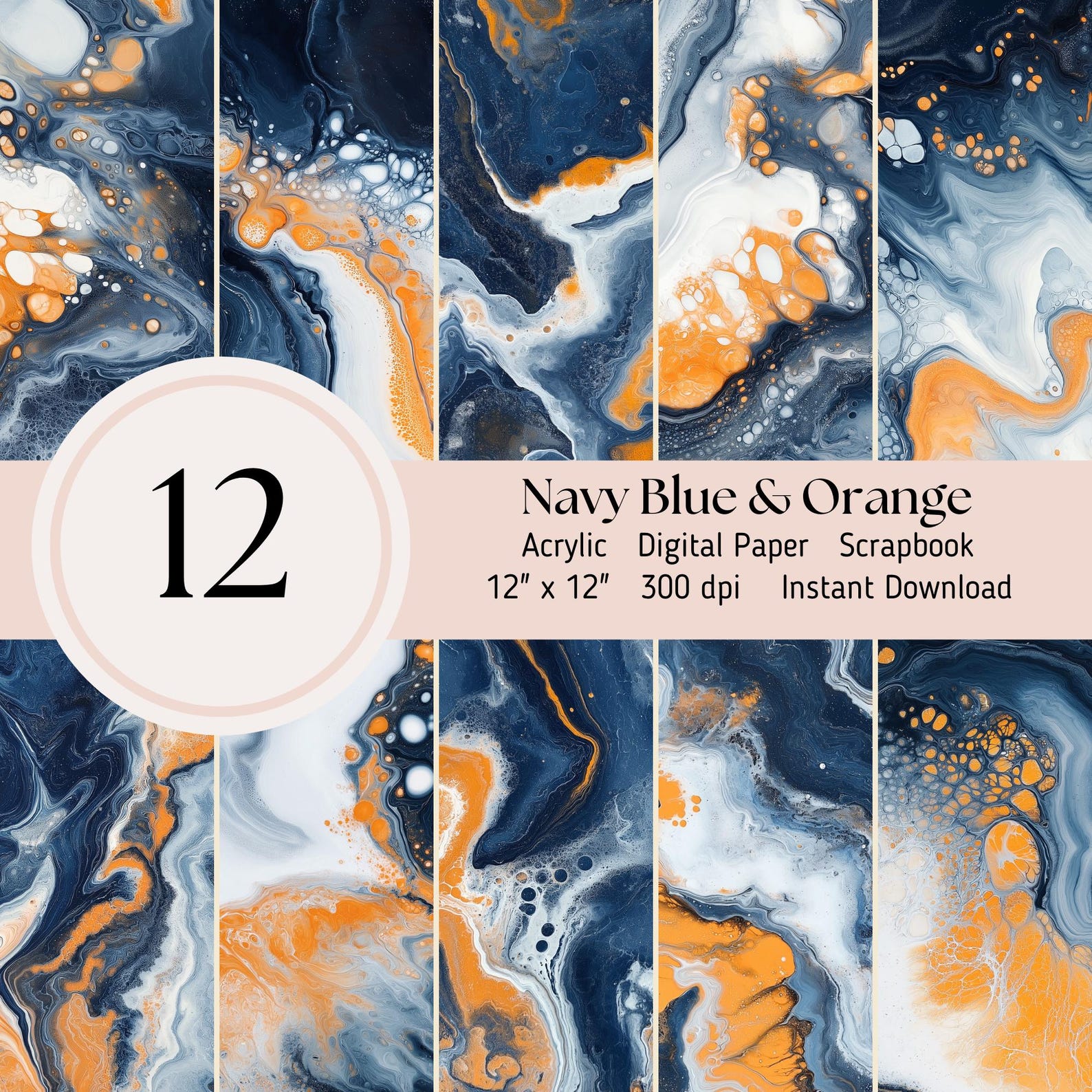 Navy Blue and Orange Digital Paper - 12 Pack Acrylic Pour Patterns ...