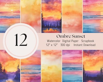 Ocean Sunset, Forest Sunset Digital Paper, Ombre Watercolor 12 pack Scrapbooking Journal JPG Instant Download