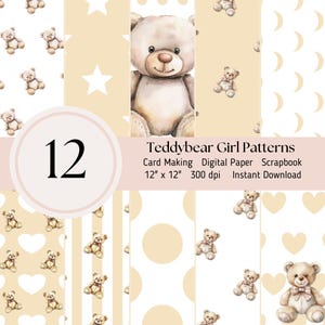 Modèle sans couture ours en peluche - paquet de 12 papiers numériques, chambre de bébé, feuilles de journal pour la fabrication de cartes de scrapbooking JPEG Téléchargement instantané, neutre