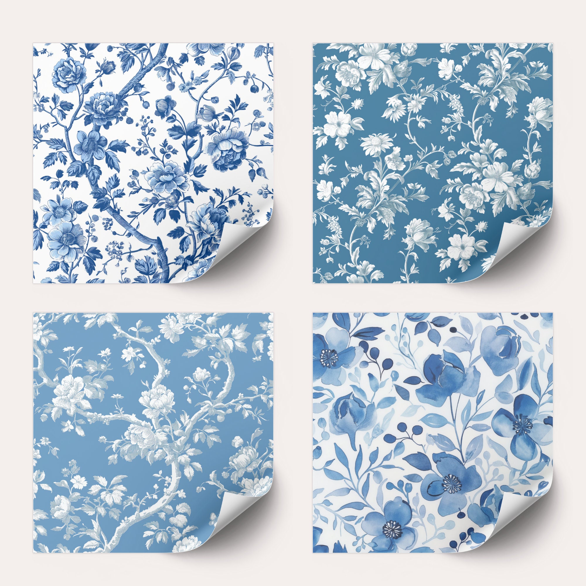 French Blue Floral Toile De Jouy Digital Paper- 12 Floral Sheets ...