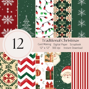 Red and Green Christmas Digital Papers- 12 pack, Christmas, background, Scrapbooking Journal Sheets JPEG Instant Download