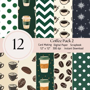Kaffee Digitales Papier Set Kaffeebohne Digitales Papier, 12er-Pack, Scrapbooking Journal Sheets JPEG Instant Download, grün, weiß