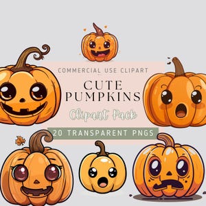 Calabazas lindas PNG- kawaii, imágenes prediseñadas de Halloween para uso comercial, fondo transparente, arte de la pared del vivero, decoración de otoño