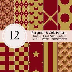 Carta digitale Borgogna rossa - Confezione da 12 fogli con sfondo senza soluzione di continuità, fogli di diario per scrapbooking JPEG Download immediato, motivo Borgogna e oro