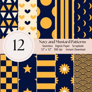 Navy and Mustard Seamless Pattern - 12 digital paper pack, texture background, Scrapbooking Card Making Journal Sheets JPEG Instant Download