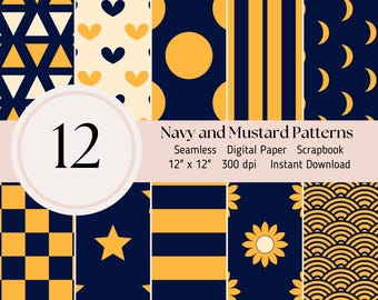 Navy and Mustard Seamless Pattern - 12 digital paper pack, texture background, Scrapbooking Card Making Journal Sheets JPEG Instant Download