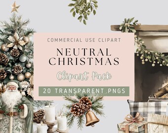 Neutrale Weihnachtscliparts - 20 png Bilder, transparenter Hintergrund, hohe Qualität, Bauernhaus Weihnachten, cremeweiß salbeigrün