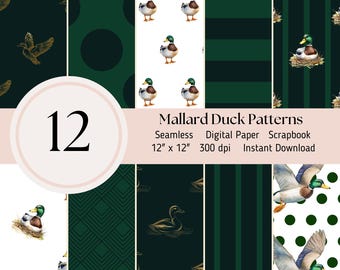 Mallard Duck Seamless Pattern- 12 digital paper pack, backgrounds, Scrapbooking Card Making Journal Sheets JPEG Instant Download, Green