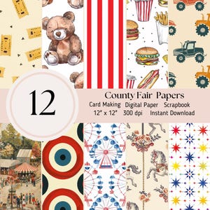 County Fair, Carnival Digital Papers, 12 stuks, Scrapbooking Journal Sheets JPEG Instant Download, Rood Wit