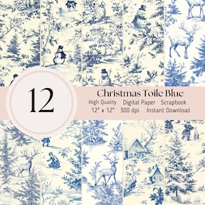 Christmas Toile Digital Download, Blue - 12 pack, background, Scrapbooking Journal Sheets JPEG Instant Download