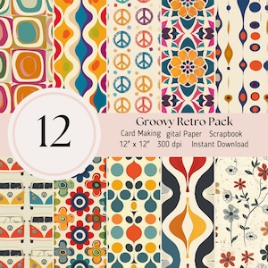 Op de afbeelding: Een set van 12 digitale scrapbook-papieren met groovy retro-patronen. De patronen omvatten vredestekens, bloemen, geometrische vormen en vintage auto's. De papieren zijn 30,5 cm bij 30,5 cm en 300 dpi.