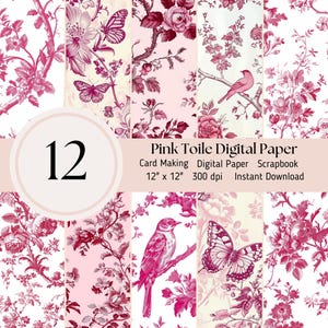 Pink Toile Background, Digital Papers 12 pack, Scrapbooking Journal Sheets JPEG Instant Download