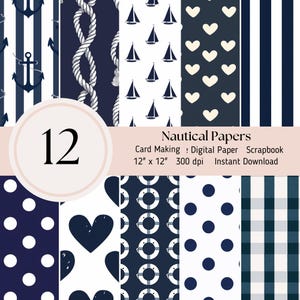 Papiers numériques rayures nautiques, lot de 12, feuilles de journal de scrapbooking JPEG, téléchargement immédiat, bleu marine et blanc