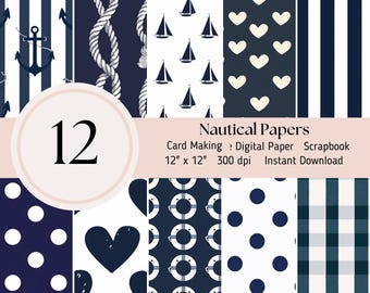 Nautical Stripes Digital Papers, 12 pack, Scrapbooking Journal Sheets JPEG Instant Download, Navy Blue and White