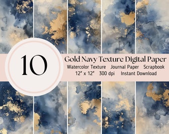 Gold Navy Texture Clipart- 10 watercolor digital paper pack, Scrapbooking Journal Sheets JPEG Instant Download, Blue, Gold