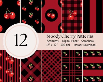 Kirschen Nahtlose Datei, 12 Moody Rot Schwarz Muster, Scrapbooking Card Making Journal Sheets JPEG Sofort-Download, Obst Sommer, Valentine