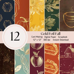 Padrão de abóbora de outono - Folha de ouro, pacote com 12 unidades, Scrapbooking, Junk Journal, JPEG, Download instantâneo, Amarelo, Laranja, Verde sálvia, Marrom