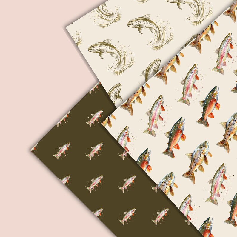 May include: Three different patterns of brown trout fish on a white, cream, and dark green background. The fish are illustrated in a watercolour style.