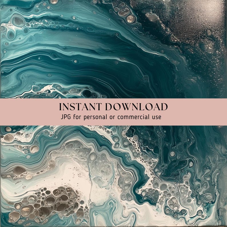 Teal and Silver Digital Paper - 12 Pack Acrylic Pour Patterns ...