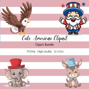 May include: A set of four cute cartoon animal illustrations with patriotic themes. The animals are an eagle, a donkey, an elephant, and a man. The illustrations are in a cartoon style and are perfect for use in a variety of projects, such as scrapbooking, card making, and digital design.