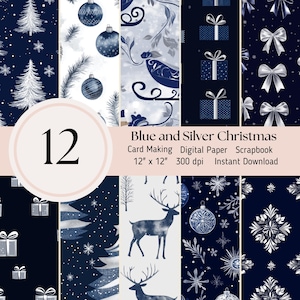 Puede incluir: Doce papeles digitales con un tema navideño azul y plateado. Los papeles incluyen patrones de copos de nieve, adornos, renos y cajas de regalo. Los papeles miden 30,5 cm por 30,5 cm y 300 dpi.