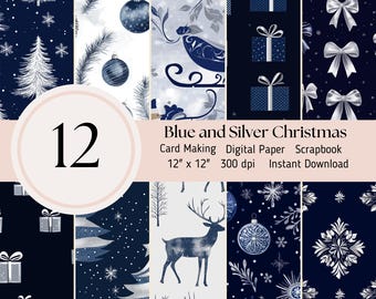 Navy Blau und Silber Weihnachten 12 digitale Papier Pack, Muster, Hintergrund, Scrapbooking Journal Sheets JPEG Instant Download