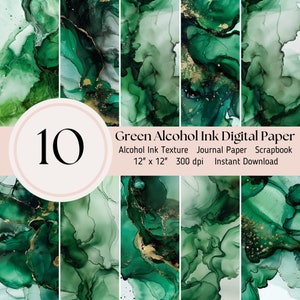 May include: Set of 10 digital papers featuring green and gold alcohol ink textures. Each paper is 12 inches by 12 inches and 300 dpi. Green Alcohol Ink Digital Paper. Alcohol Ink Texture Journal Paper Scrapbook 12" x 12" 300 dpi Instant Download