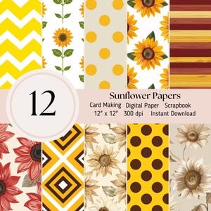 Sunflower Digital Papers, 12 pack, Scrapbooking Journal Sheets JPEG Instant Download, Yellow White Red