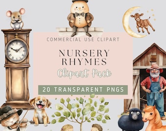 Aquarell Kinderreim Clipart - 20 PNG-Bilder, transparenter Hintergrund, hohe Qualität, klassische Lieder und Geschichten