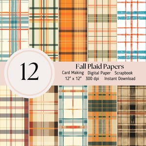 May include: A collection of twelve fall-themed plaid paper designs. The patterns feature various color combinations, including orange, teal, and brown, with a mix of thick and thin lines. The papers are 12" x 12" and suitable for card making and scrapbooking.