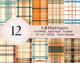 May include: A collection of twelve fall-themed plaid paper designs. The patterns feature various color combinations, including orange, teal, and brown, with a mix of thick and thin lines. The papers are 12" x 12" and suitable for card making and scrapbooking.