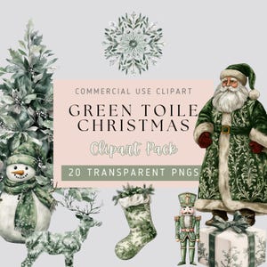 May include: A set of 20 digital clipart images featuring a green toile Christmas theme. The images include a snowman, a reindeer, a stocking, a nutcracker, Santa Claus, and a snowflake.
