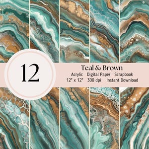 Könnte beinhalten: Ein digitales Papierpaket mit 12 abstrakten Marmor-Designs in Teal und Braun. Jedes Design ist 30,5 cm x 30,5 cm groß und hat 300 dpi. Das Paket ist zum Scrapbooking und sofortigen Download.