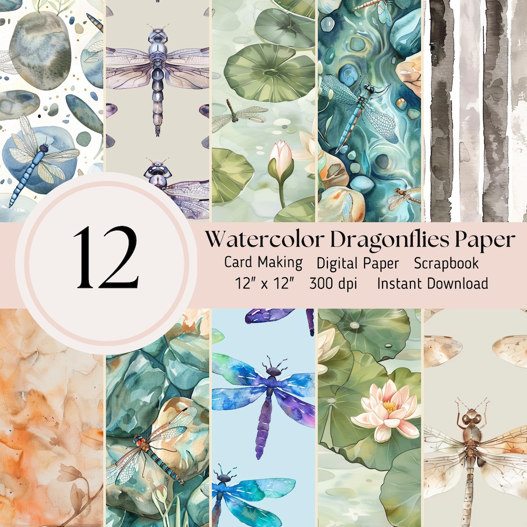 Watercolor Dragonflies Digital Paper, 12 Pack, Scrapbooking Journal ...