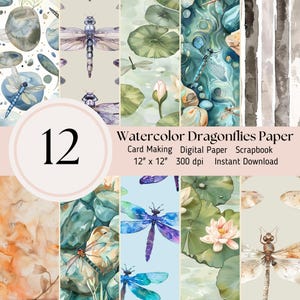 Papel digital de libélulas aquarela, pacote com 12 unidades, folhas de diário de scrapbooking JPEG para download instantâneo