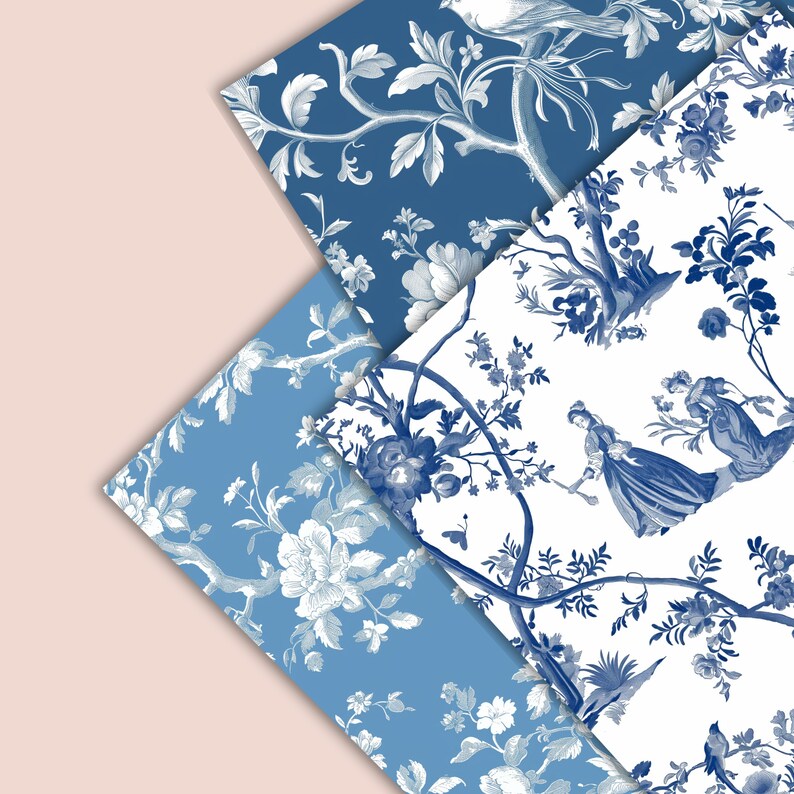 French Blue Floral Toile De Jouy Digital Paper- 12 Floral Sheets ...