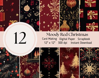 Moody Red Gold Christmas- 12 digitale Papier Pack, Muster, Hintergrund, Scrapbooking Journal Sheets JPEG Instant Download