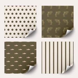 May include: Four different patterned sheets of wrapping paper. The first sheet is white with brown polka dots. The second sheet is brown with a repeating pattern of brown fish. The third sheet is brown with a repeating pattern of smaller brown fish. The fourth sheet is white with brown vertical stripes.