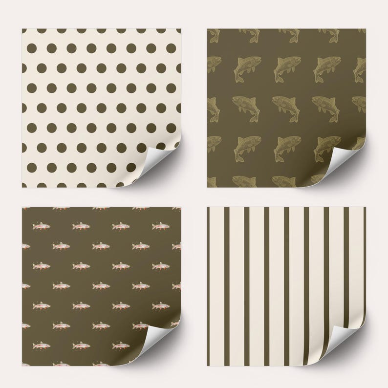 May include: Four different patterned sheets of wrapping paper. The first sheet is white with brown polka dots. The second sheet is brown with a repeating pattern of brown fish. The third sheet is brown with a repeating pattern of smaller brown fish. The fourth sheet is white with brown vertical stripes.