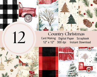 Country Christmas Digital Papers - 12er Pack, Kartengestaltung, Hintergrund, Scrapbooking Journal Sheets JPEG Instant Download