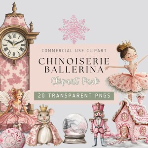 Akvarell julballerina Clipart - 20 PNG-bilder, transparent bakgrund, hög kvalitet, Nötknäppare, Rosa Toile